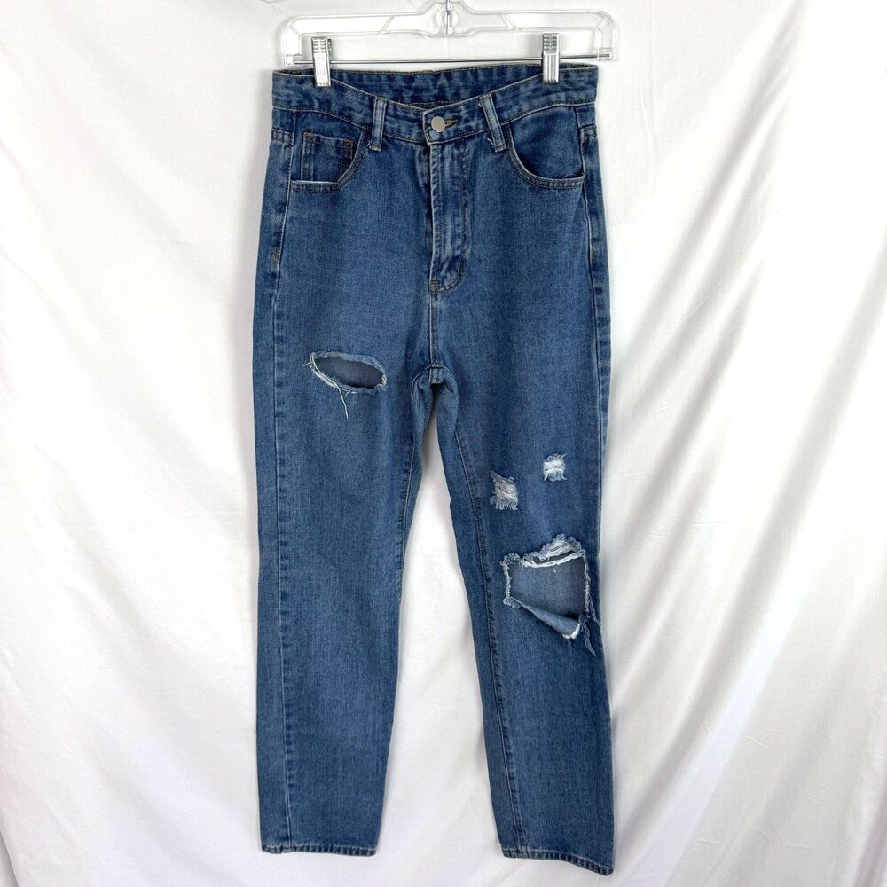Shein Mom Jeans Size Small High Waist Medium Wash Blue Denim Womens Distressed